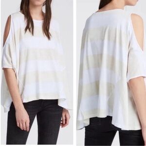 AllSaints Flowy Boho White and Cream Striped Cold Shoulder Top - Small